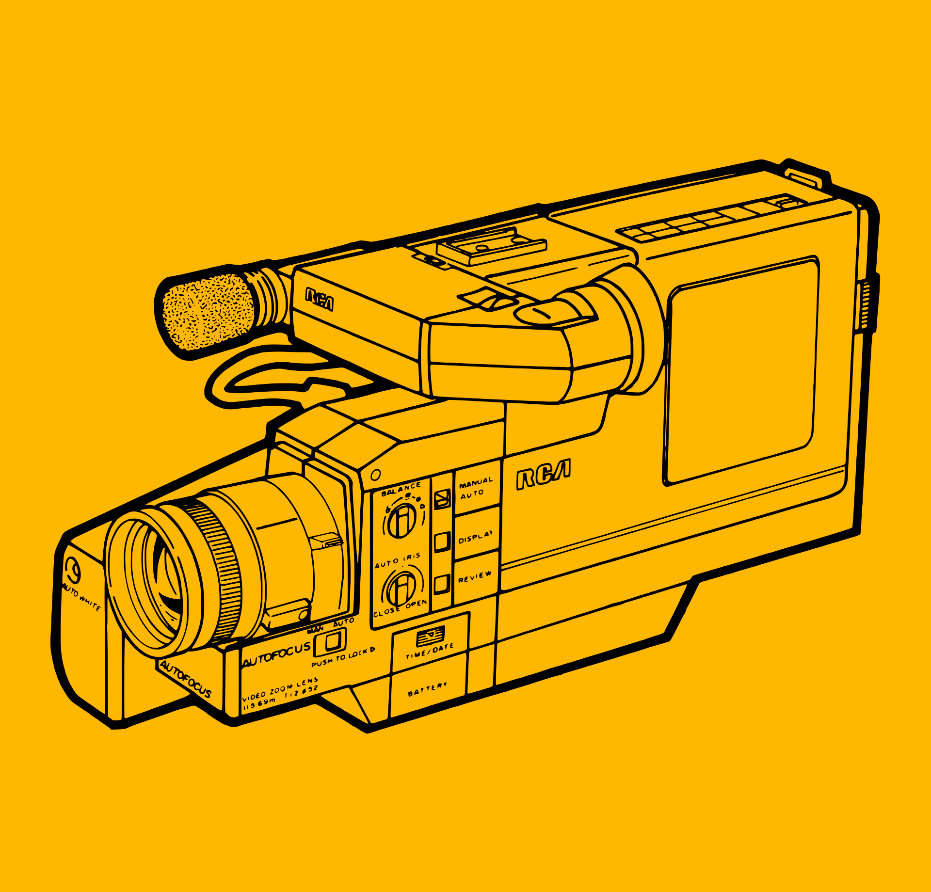 Retrocams RCA CMOS VHS Camcorder line drawing with yellow background